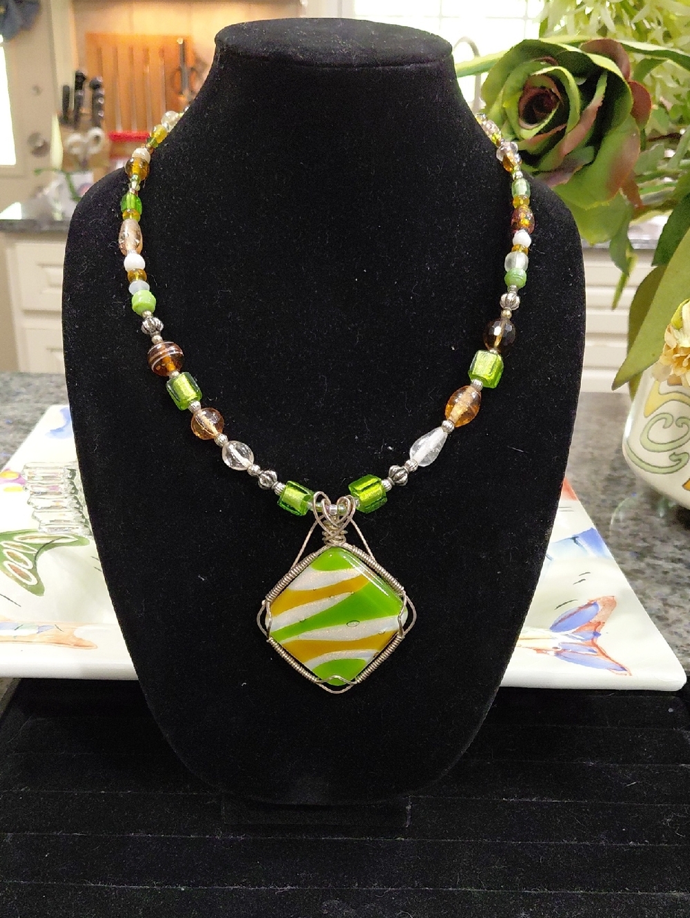 Handmade Green & Yellow, Murano Glass, Wire-Wrapped Pendant Necklace.24in long